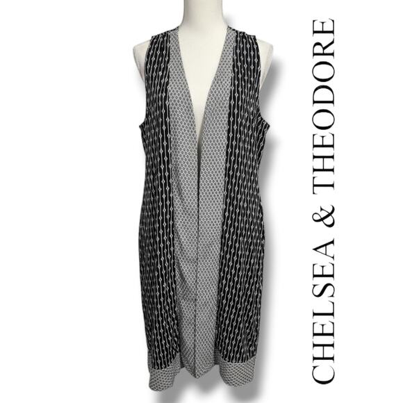Chelsea & Theodore Women’s Black & White Geometric Open Front Long Vest – Size L - Picture 8 of 9